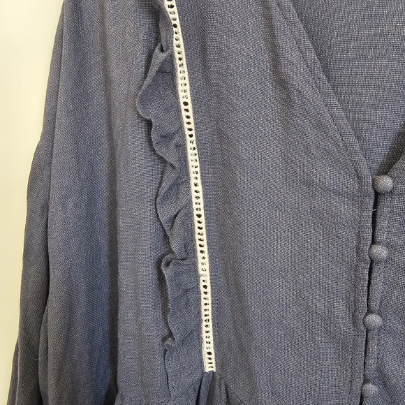 Chambray Eyelet Lace Ruggle Boho Loose Fit Peasant Blouse Western Rodeo Rayon - Picture 3 of 7